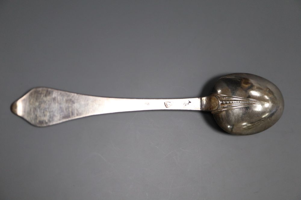 An early 18th century silver dog nose rat tail spoon, indistinct marks, maker, William Scarlett, circa 1705, 19.2cm, 38 grams.